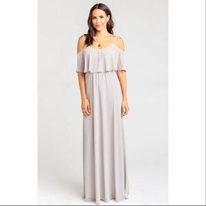 NWT Show Me Your Mumu Caitlin Ruffle Maxi Dress Size XS Gray Chiffon Maxi Dress